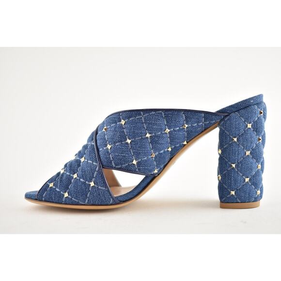 Valentino Rockstud Spike Denim Blue Mule Stud Backless Sandal Open Heel Pump 37 - Picture 9 of 12